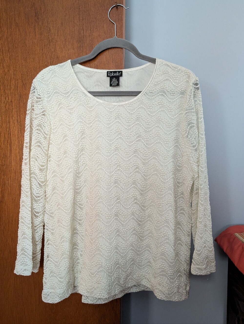 Rafaella Cream Lace Wave-Pattern Long Sleeve Top - Scoop Neck Women's Size XL